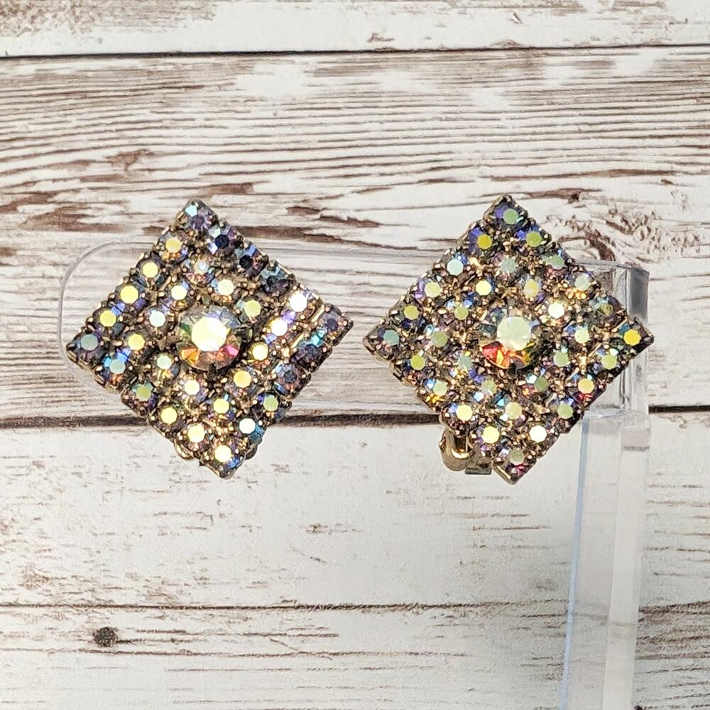 Vintage Clip On Earrings - Large Diamond Shape Iridescent